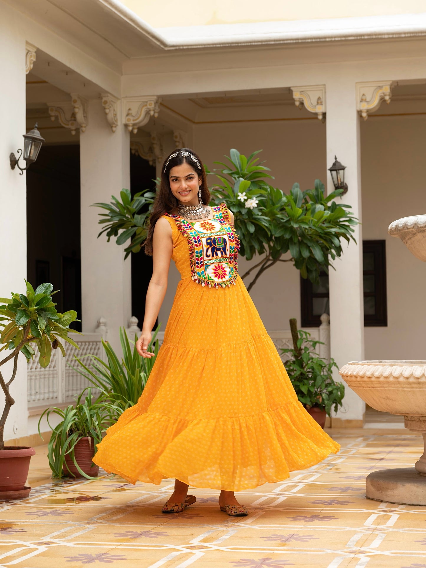 Bandhani Print Faux Georgette Gown with Kutchi Patchwork