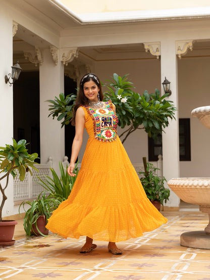 Bandhani Print Faux Georgette Gown with Kutchi Patchwork