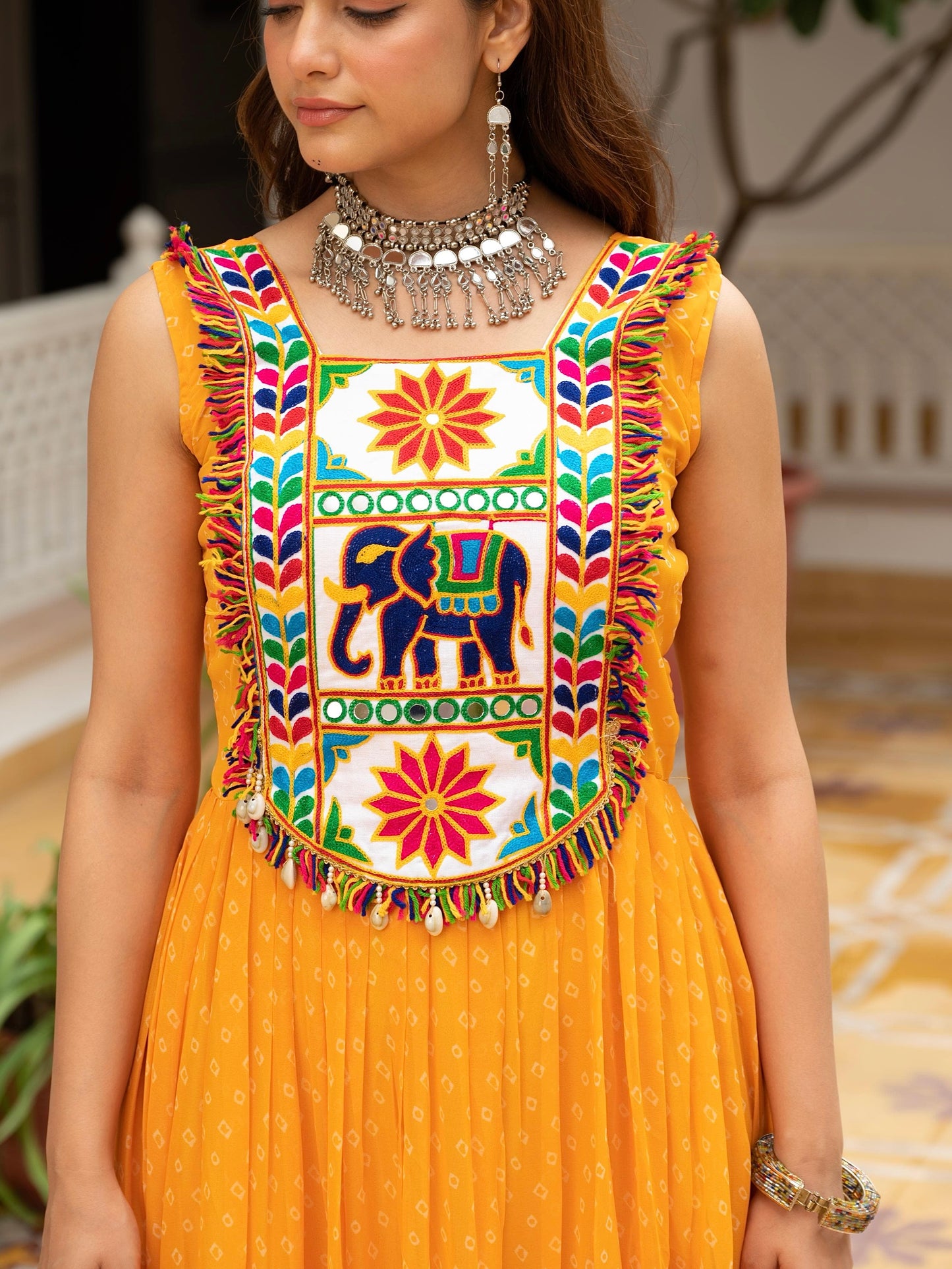 Bandhani Print Faux Georgette Gown with Kutchi Patchwork