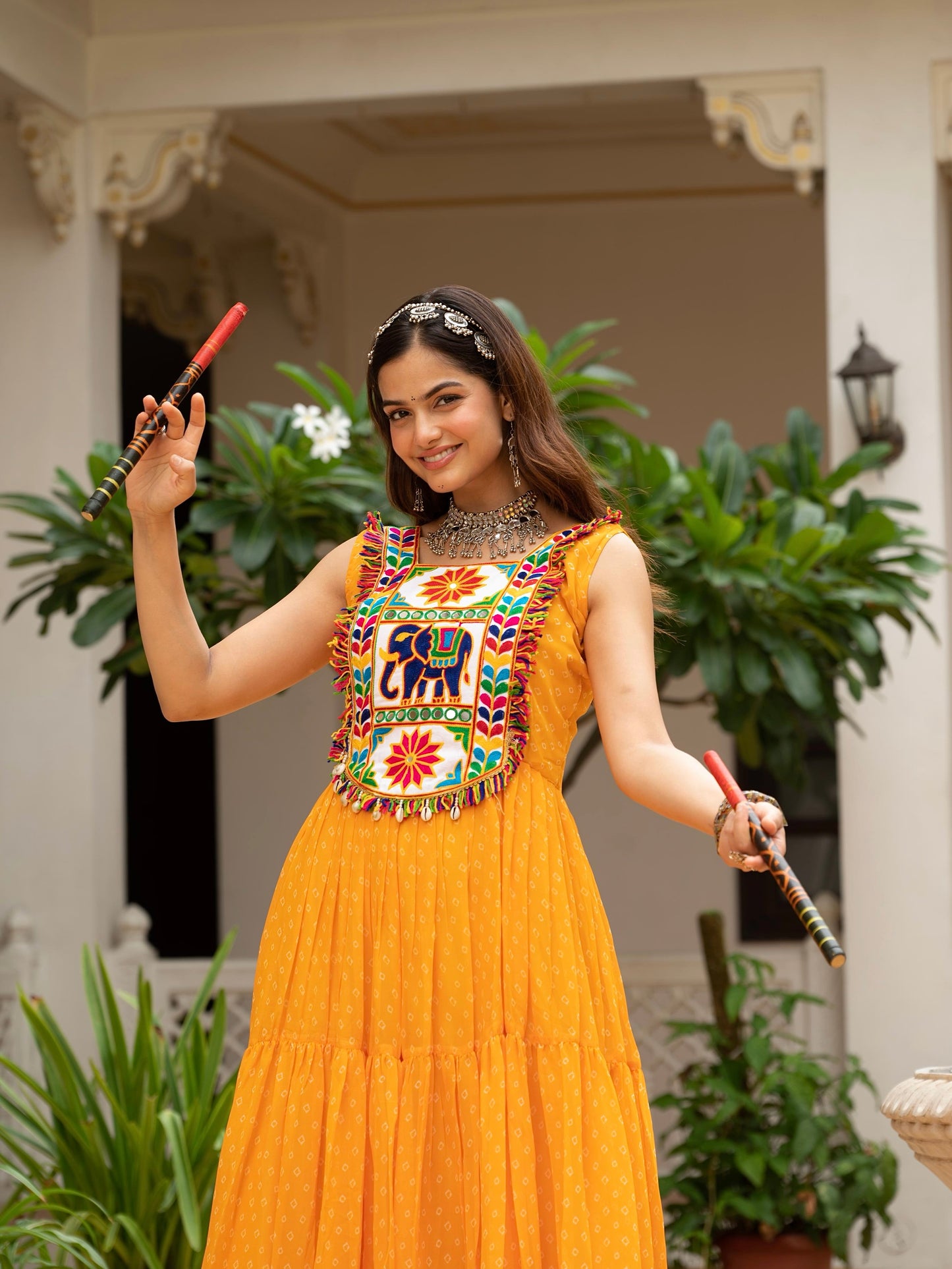 Bandhani Print Faux Georgette Gown with Kutchi Patchwork