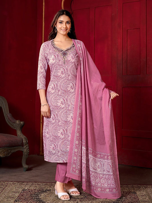 Cotton Printed Kurta Set with Khatli Work & Mul Cotton Dupatta