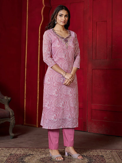 Cotton Printed Kurta Set with Khatli Work & Mul Cotton Dupatta