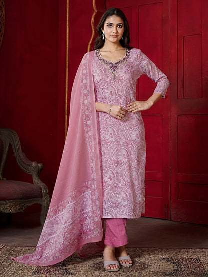Cotton Printed Kurta Set with Khatli Work & Mul Cotton Dupatta