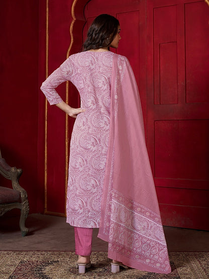 Cotton Printed Kurta Set with Khatli Work & Mul Cotton Dupatta