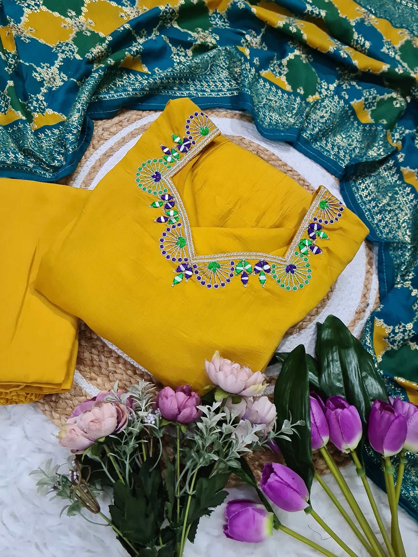 Chanderi Silk Kurta Set with Sequin Embroidery & Dupatta