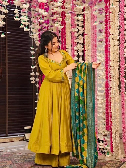 Chanderi Silk Kurta Set with Sequin Embroidery & Dupatta