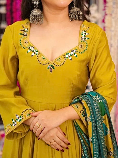 Chanderi Silk Kurta Set with Sequin Embroidery & Dupatta