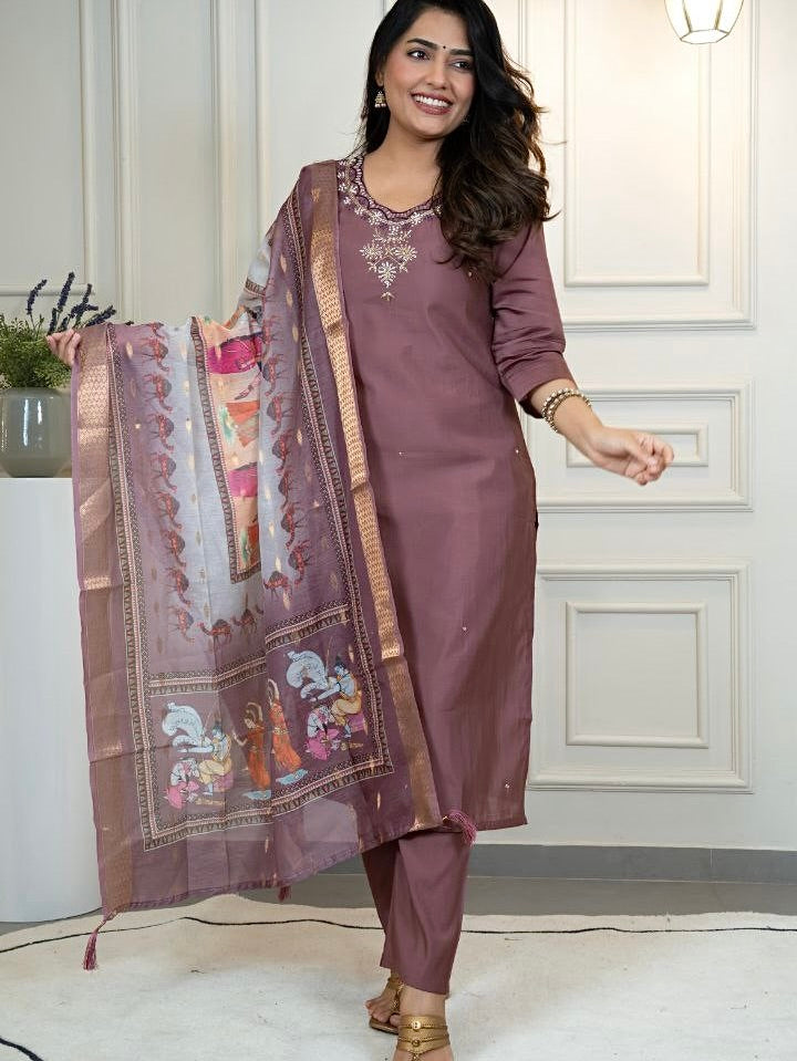 Burgundy Roman Silk Kurti Pant Dupatta Set