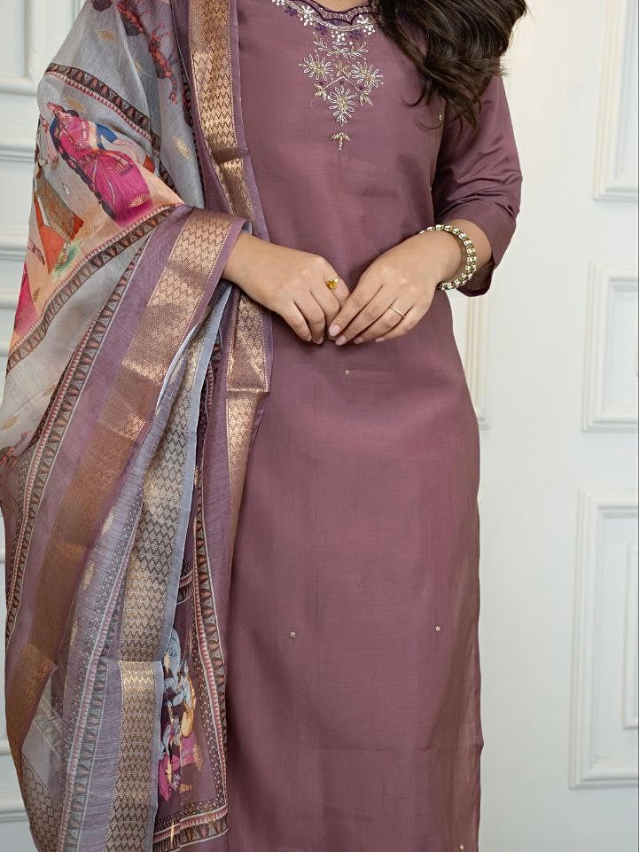 Burgundy Roman Silk Kurti Pant Dupatta Set