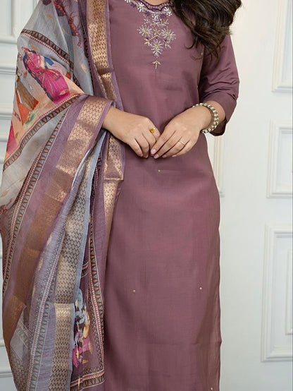 Burgundy Roman Silk Kurti Pant Dupatta Set