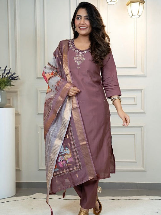 Burgundy Roman Silk Kurti Pant Dupatta Set