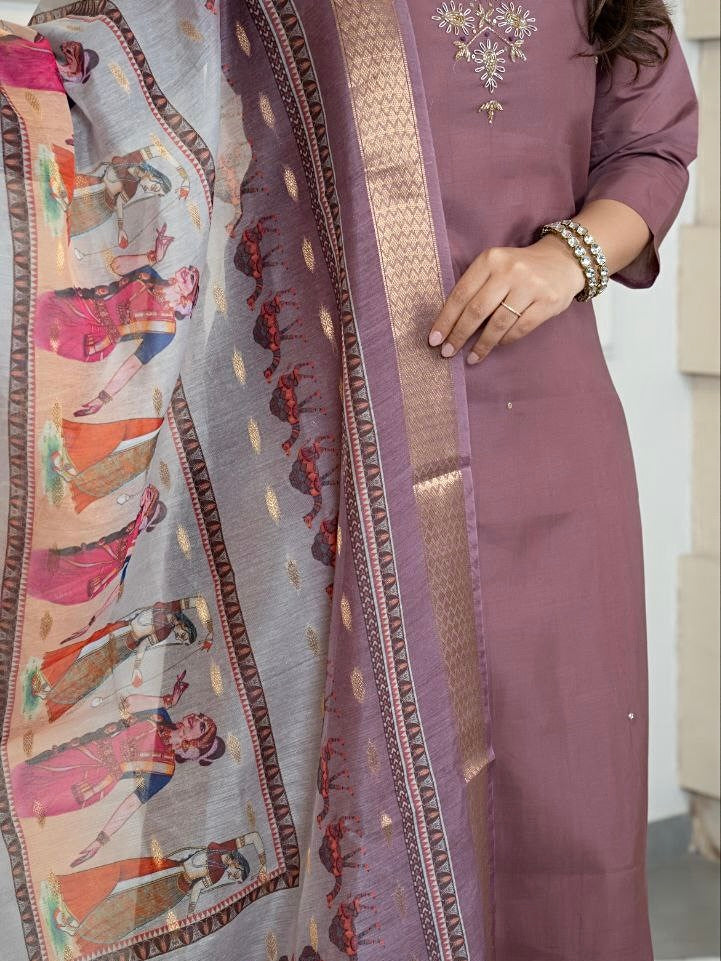 Burgundy Roman Silk Kurti Pant Dupatta Set