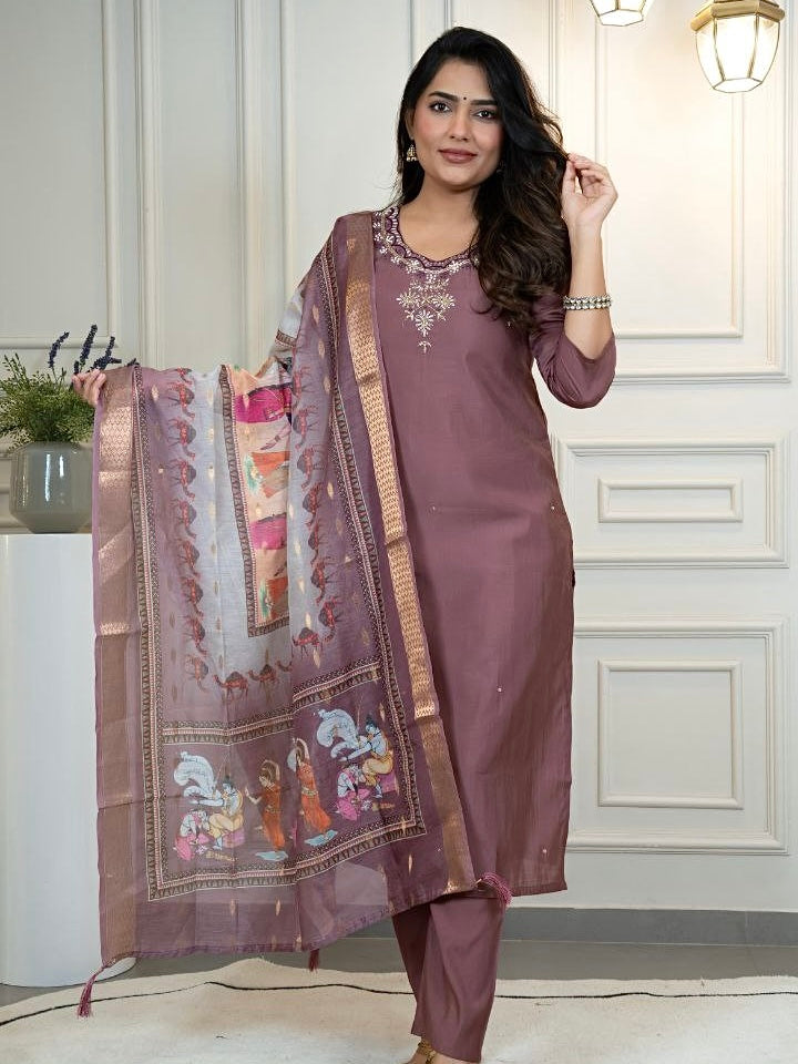Burgundy Roman Silk Kurti Pant Dupatta Set