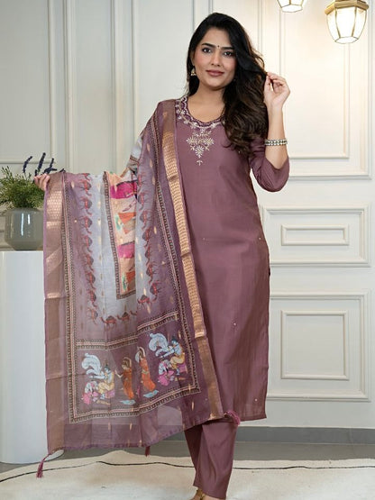 Burgundy Roman Silk Kurti Pant Dupatta Set