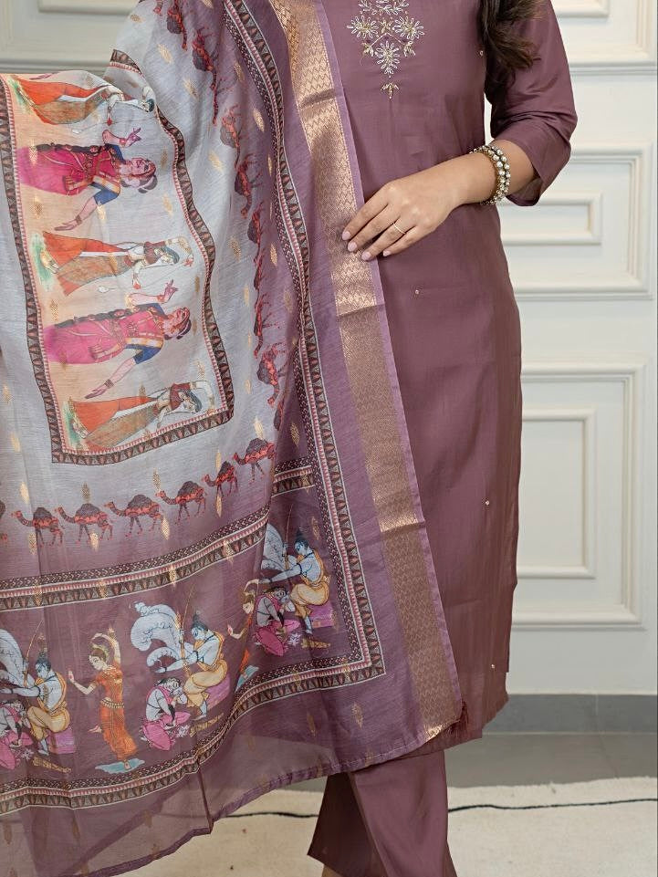 Burgundy Roman Silk Kurti Pant Dupatta Set