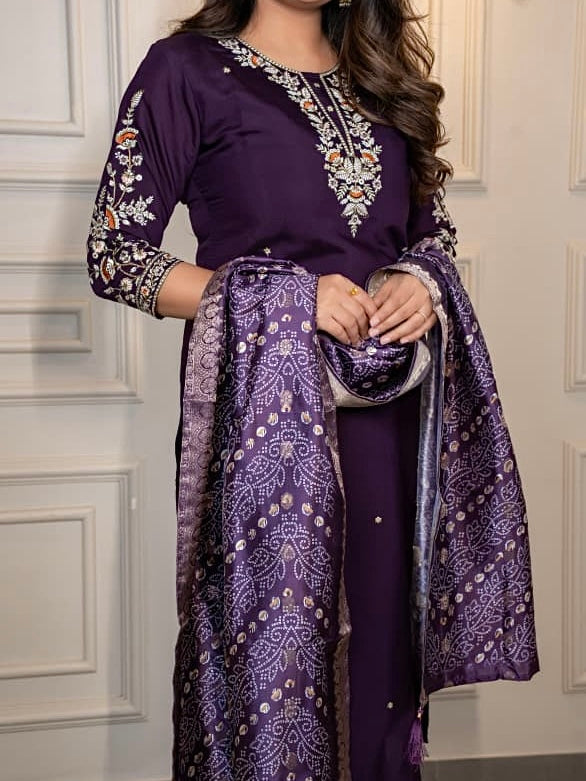 Dark Purple Roman Silk Kurti Pant Dupatta Set