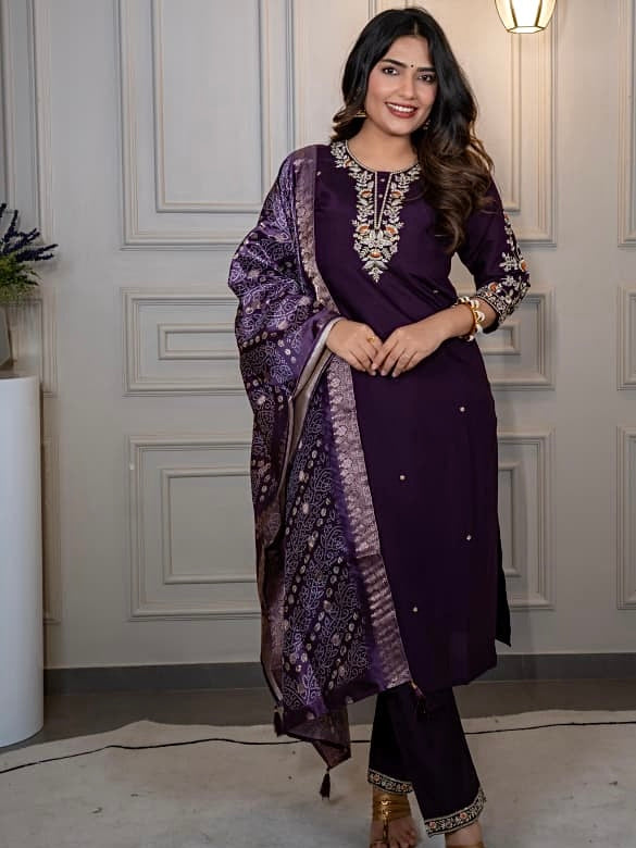 Dark Purple Roman Silk Kurti Pant Dupatta Set