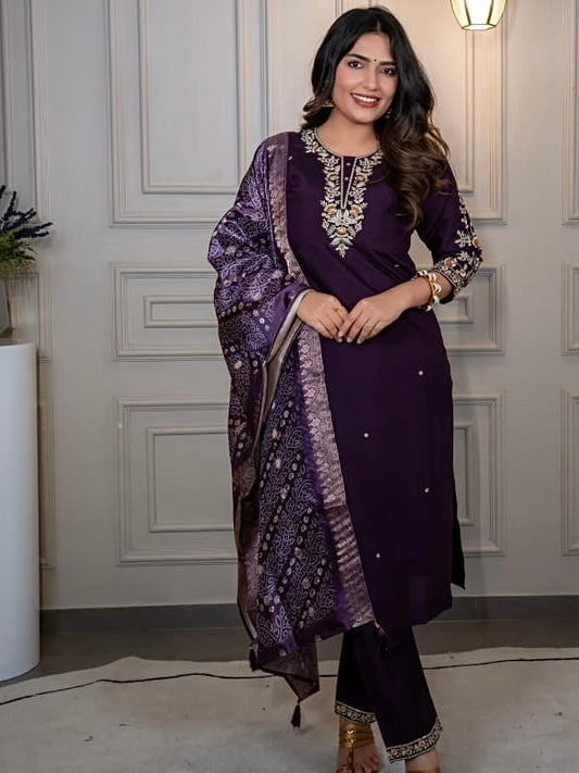 Dark Purple Roman Silk Kurti Pant Dupatta Set