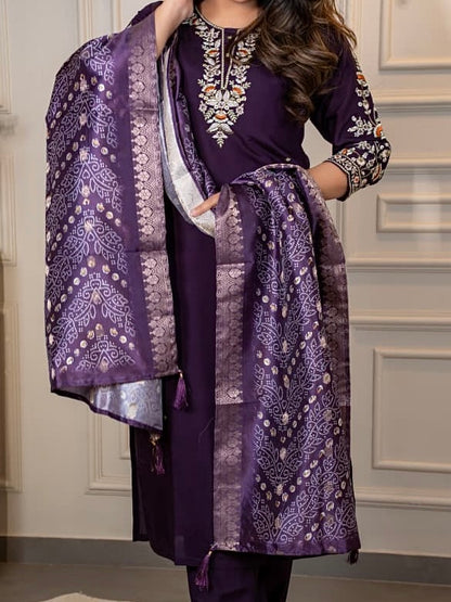 Dark Purple Roman Silk Kurti Pant Dupatta Set