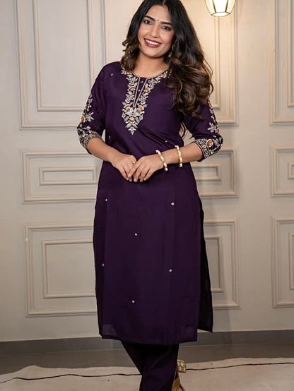 Dark Purple Roman Silk Kurti Pant Dupatta Set