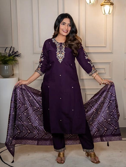 Dark Purple Roman Silk Kurti Pant Dupatta Set