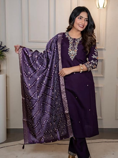 Dark Purple Roman Silk Kurti Pant Dupatta Set