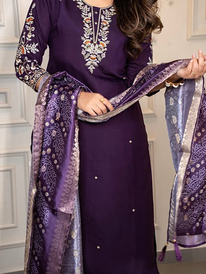 Dark Purple Roman Silk Kurti Pant Dupatta Set