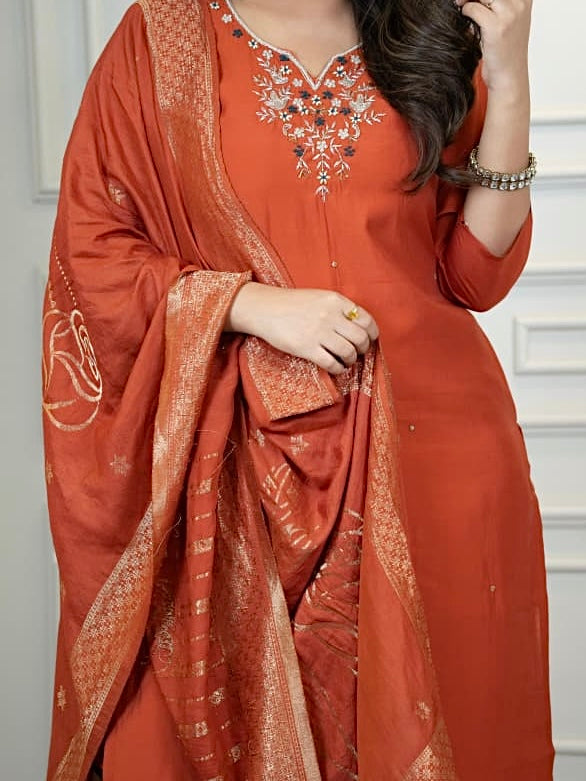 Rust Roman Silk Kurti Pant Dupatta Set