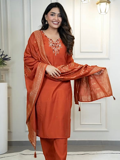 Rust Roman Silk Kurti Pant Dupatta Set