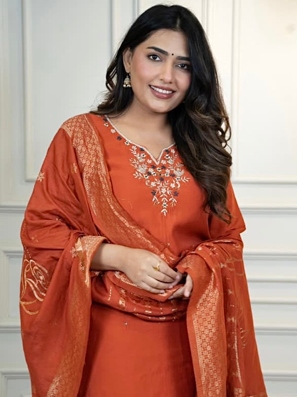 Rust Roman Silk Kurti Pant Dupatta Set