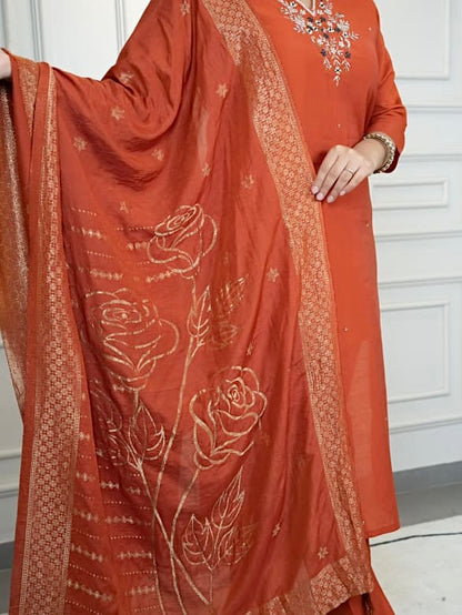 Rust Roman Silk Kurti Pant Dupatta Set