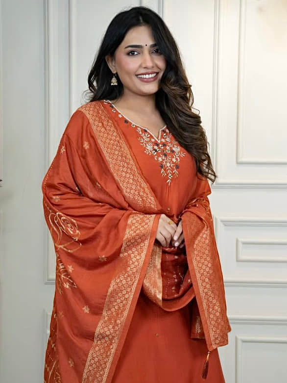 Rust Roman Silk Kurti Pant Dupatta Set