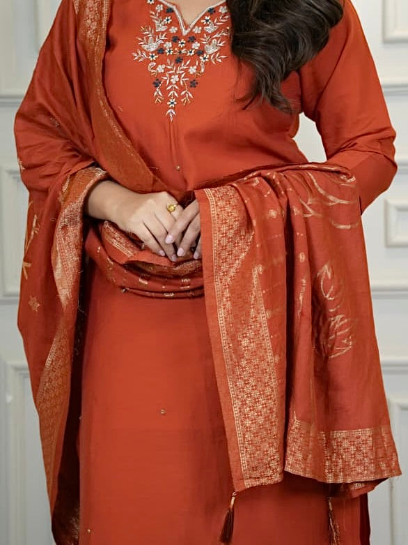 Rust Roman Silk Kurti Pant Dupatta Set