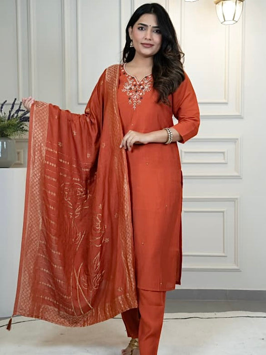 Rust Roman Silk Kurti Pant Dupatta Set