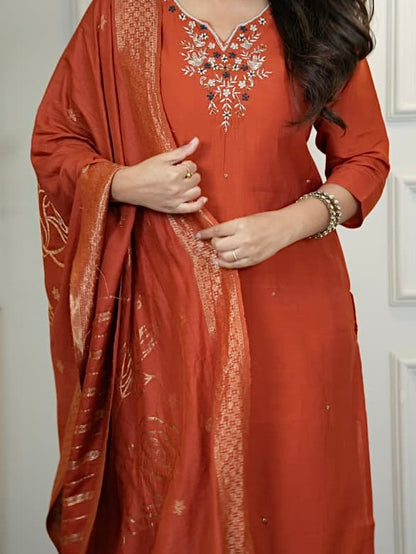 Rust Roman Silk Kurti Pant Dupatta Set