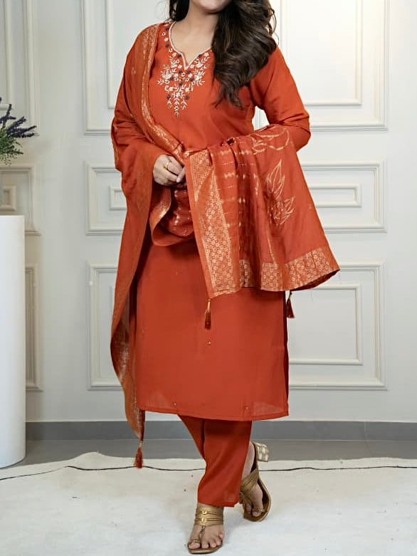 Rust Roman Silk Kurti Pant Dupatta Set