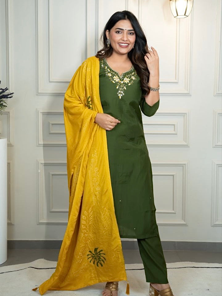 Mahendi Roman Silk Kurti Pant Dupatta Set
