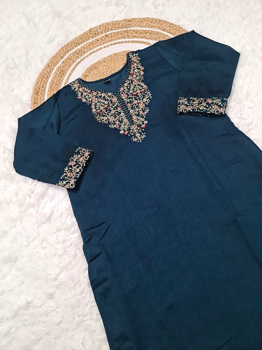 Vichitra Silk Kurti Set with Embroidery & Dupatta
