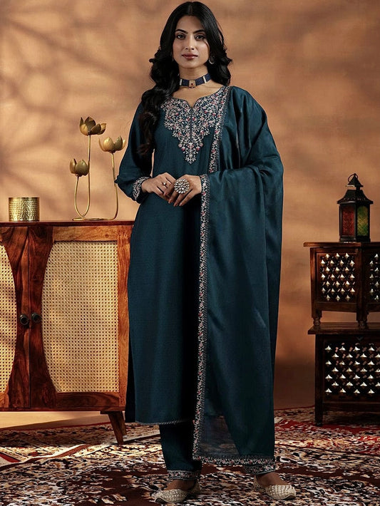 Vichitra Silk Kurti Set with Embroidery & Dupatta