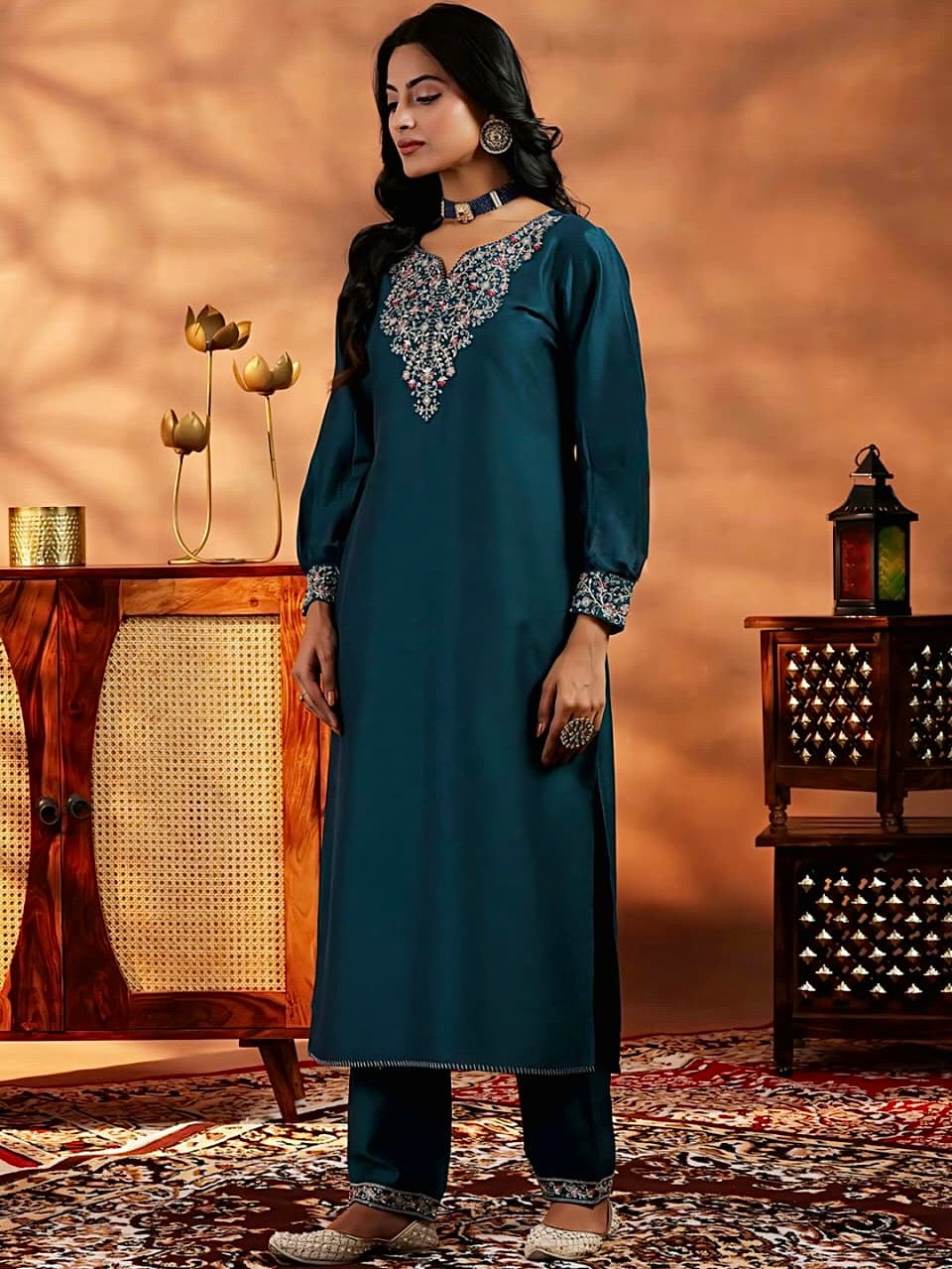 Vichitra Silk Kurti Set with Embroidery & Dupatta