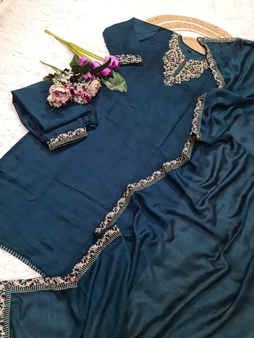 Vichitra Silk Kurti Set with Embroidery & Dupatta