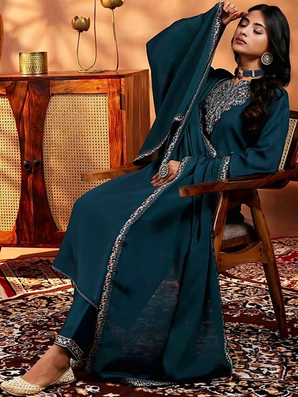 Vichitra Silk Kurti Set with Embroidery & Dupatta
