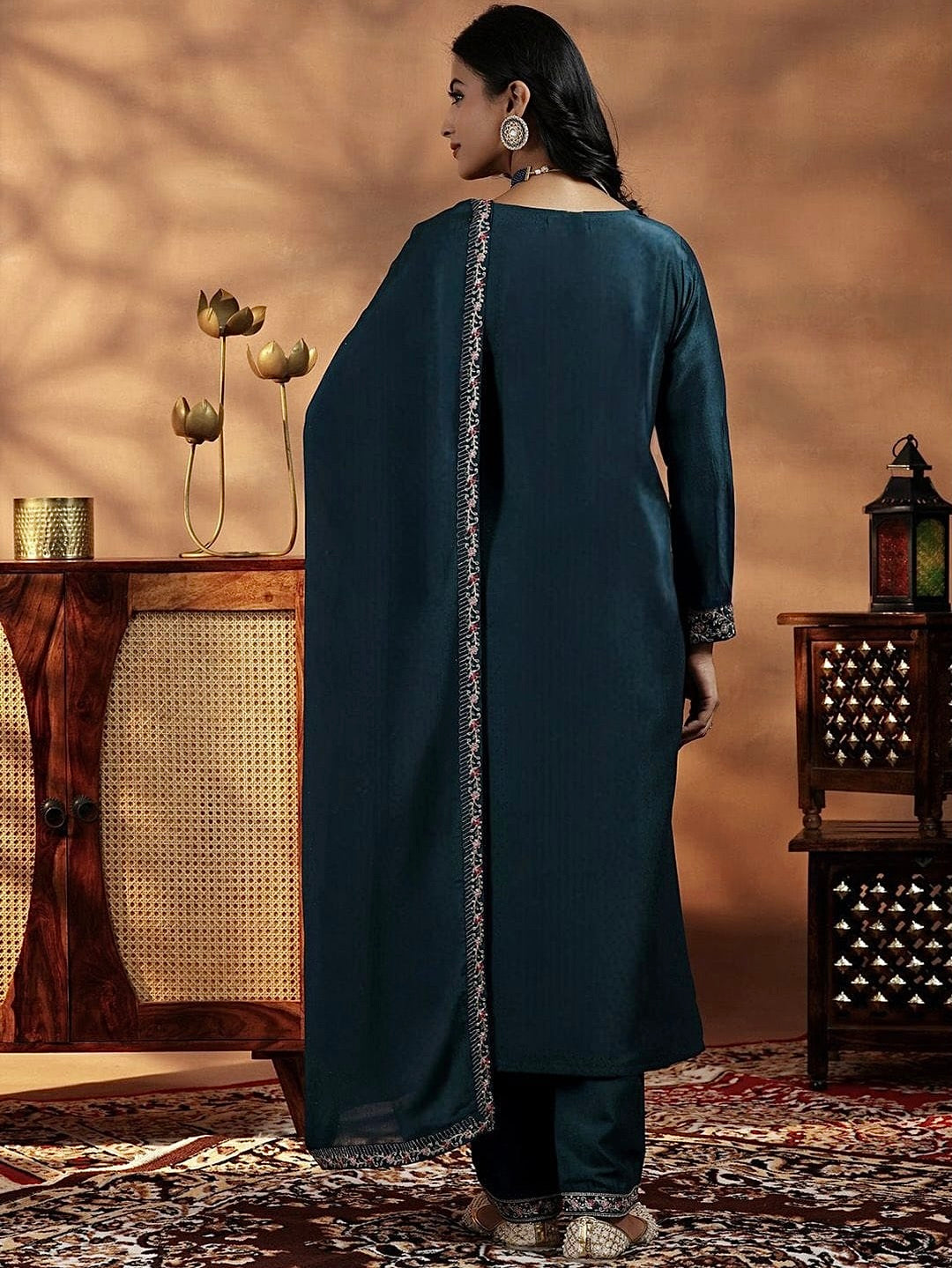 Vichitra Silk Kurti Set with Embroidery & Dupatta