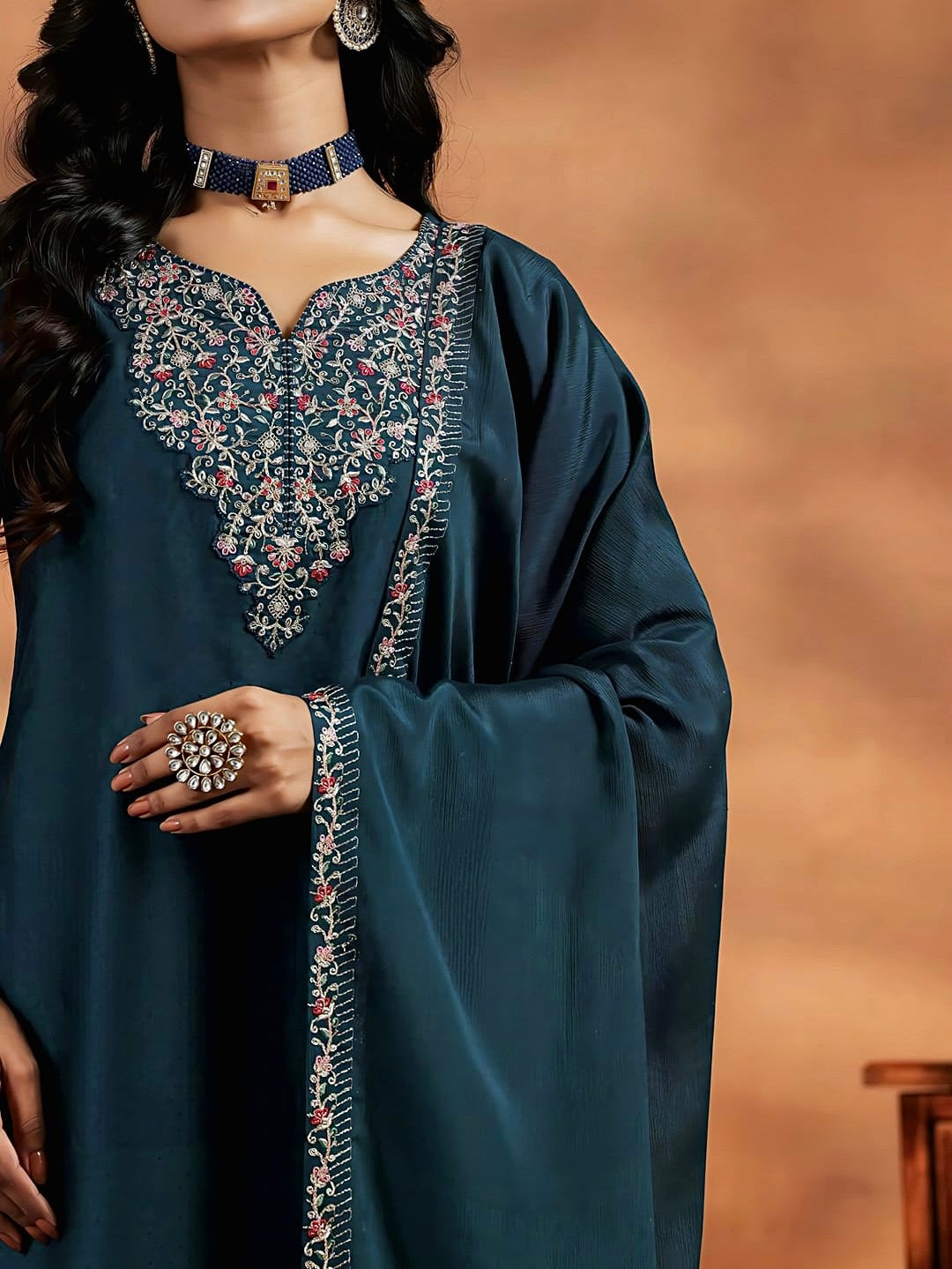 Vichitra Silk Kurti Set with Embroidery & Dupatta