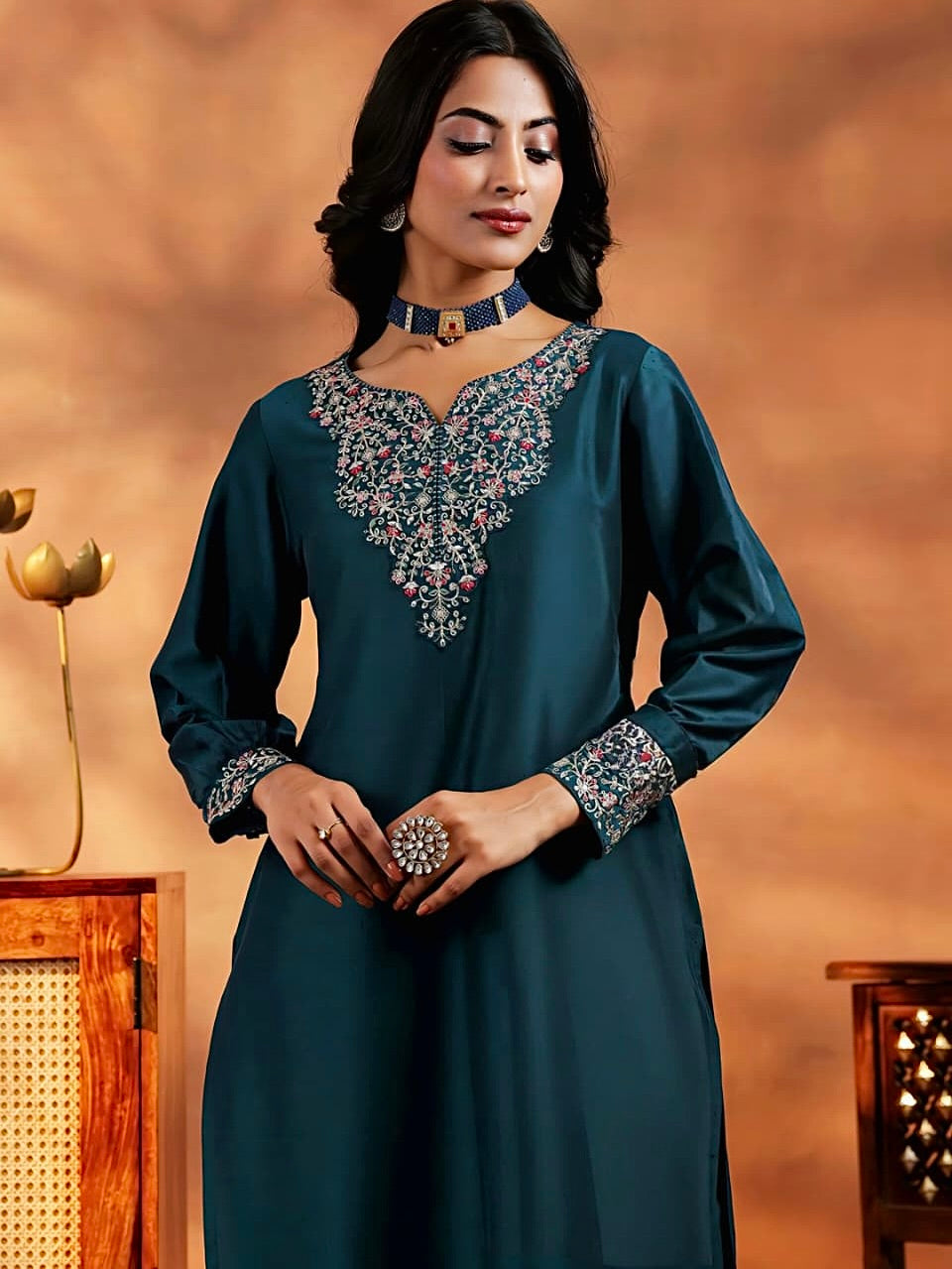 Vichitra Silk Kurti Set with Embroidery & Dupatta