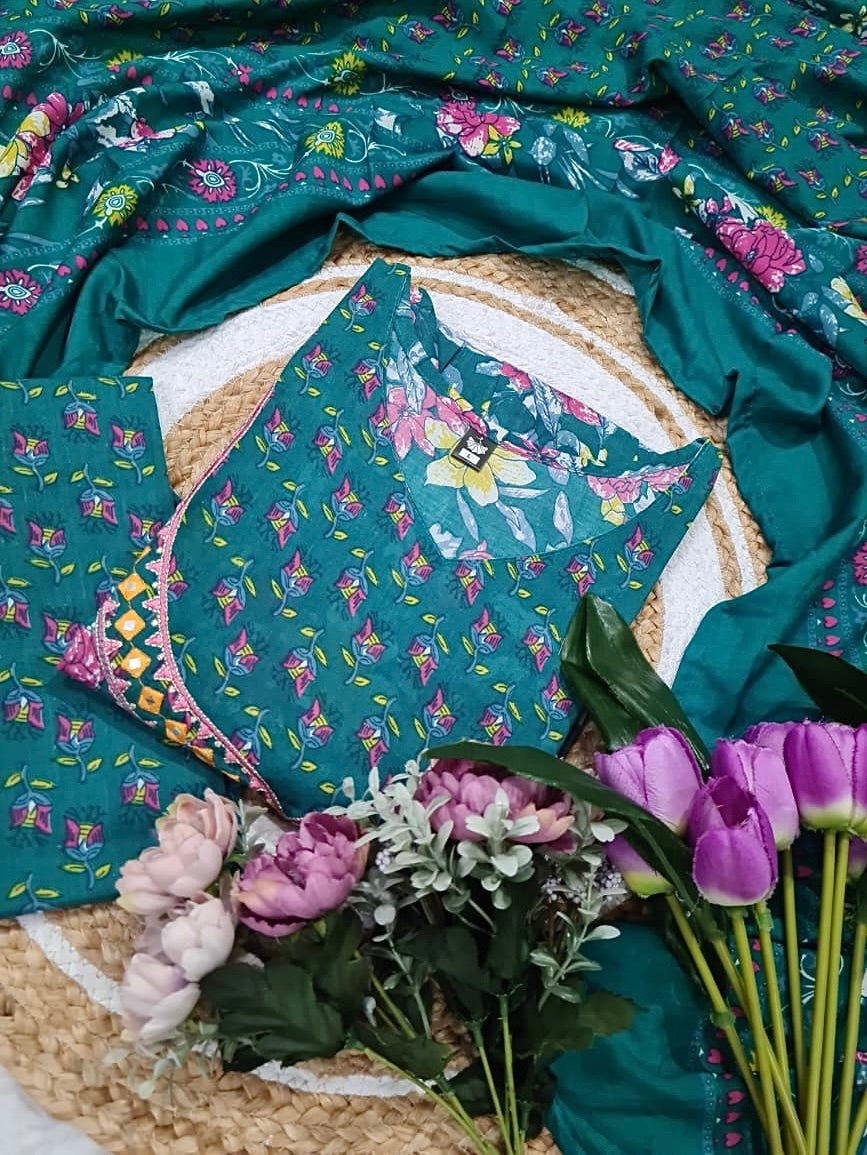 Pure Cotton Kurti Set with Embroidery & Printed Dupatta
