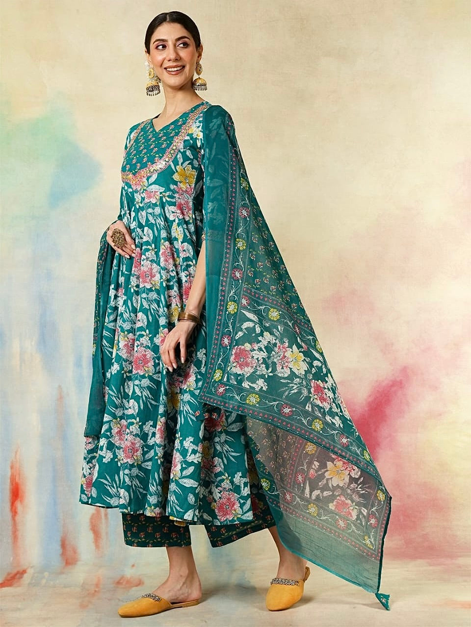 Pure Cotton Kurti Set with Embroidery & Printed Dupatta
