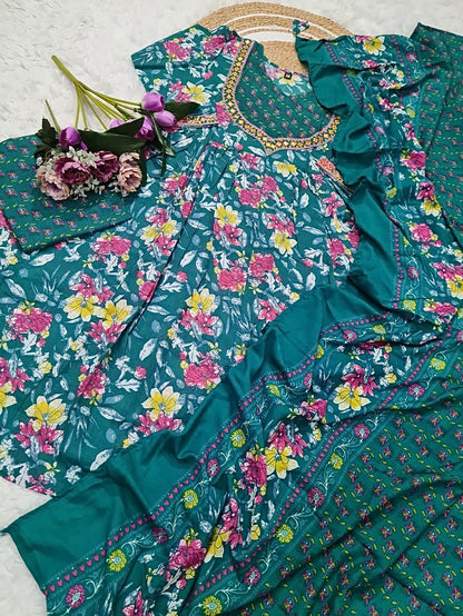 Pure Cotton Kurti Set with Embroidery & Printed Dupatta
