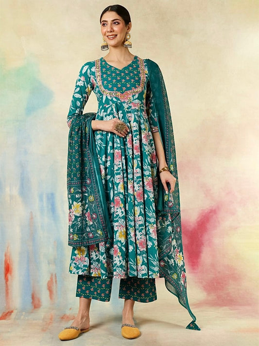 Pure Cotton Kurti Set with Embroidery & Printed Dupatta