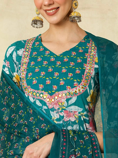 Pure Cotton Kurti Set with Embroidery & Printed Dupatta